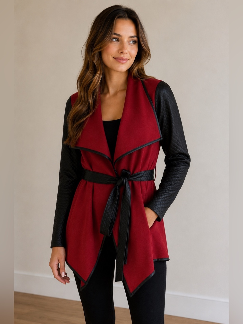 Open front longline belted mixed media Very soft cardigan / jacket